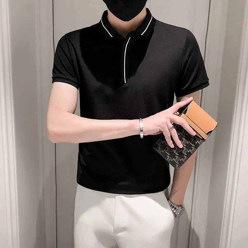 

2022 Summer Men's Casual Fashion Short Sleeve Top Clothes Slim Fit T-shirts Lapel Collar White/black color Pullover M-3XL