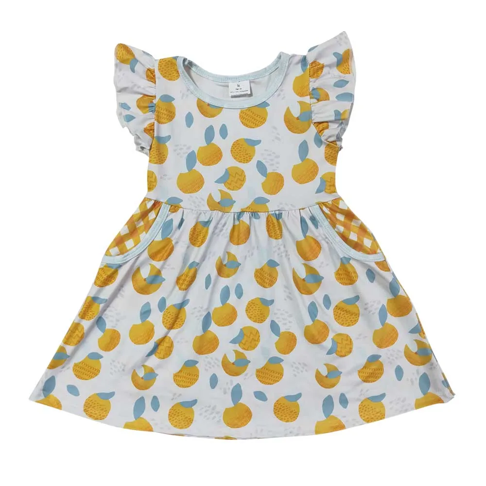 

RTS Baby Girl Clothes Lemon Orange Puffy Sleeves Boutique Design Dress Knee Length Dress Children Wear