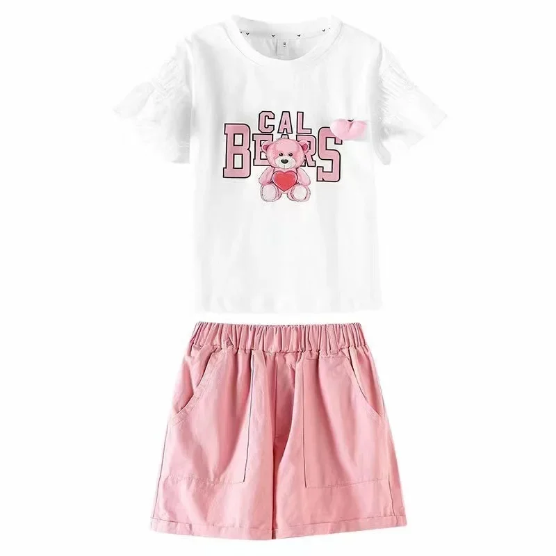 Детский спортивный костюм для девочек 4-12 лет футболка с надписью Медведь и штаны