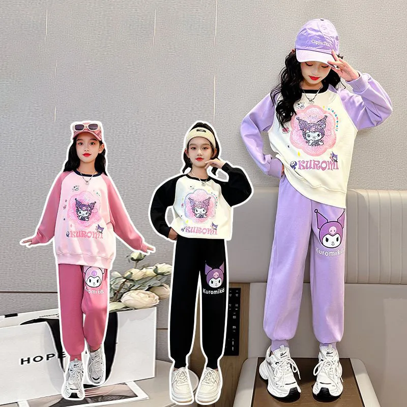 

Новинка Kawaii Sanrio детская спортивная одежда набор Hellokittys Kuromi Cinnamoroll Мультфильм Аниме толстовки штаны Блестки комплект из двух предметов подарок для девочки