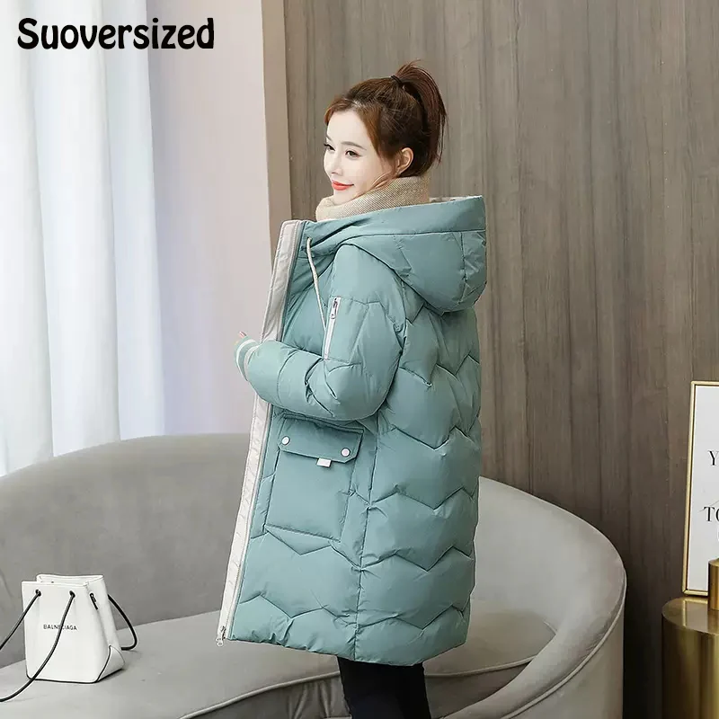 Oversized 3XL Loose Hooded Thicken Jacket Elegant Warm Cotton Padded Parkas Korean Long Sleeve Pocket Winter Coat Women Outwear