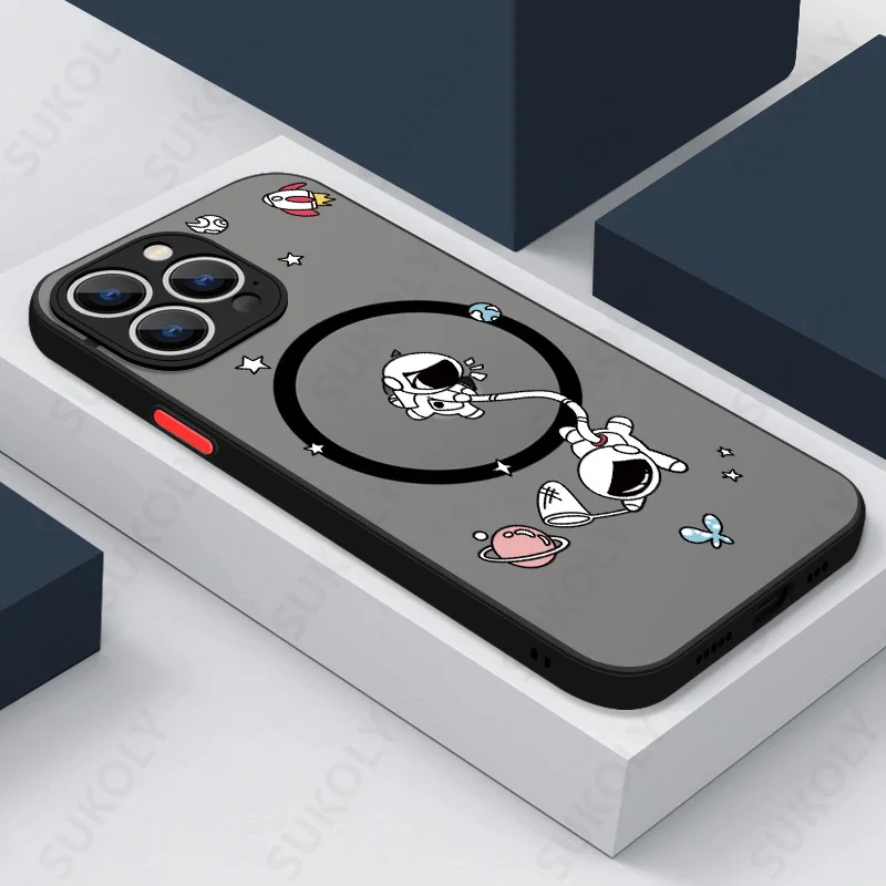 Фото Чехол для беспроводной зарядки MagSafe для iPhone 17, 17e, 16e, 14, 15, 16 Pro Max, 13 Pro Max, акриловый жесткий чехол с мультяшным астронавтом №1
