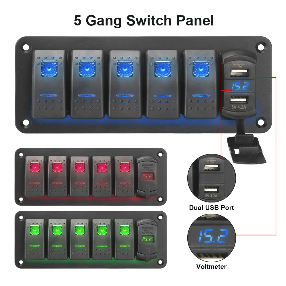 

5 Gang Switch Panel For Marine Car Truck Dual USB Port 4.2A Outlet Combination Digital Voltage Display Waterproof Toggle Buttons