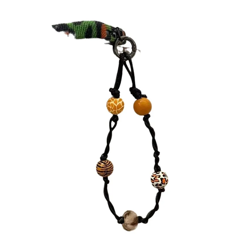 Цепочка для мобильного телефона разноцветные бусины из бисера черная кожаная