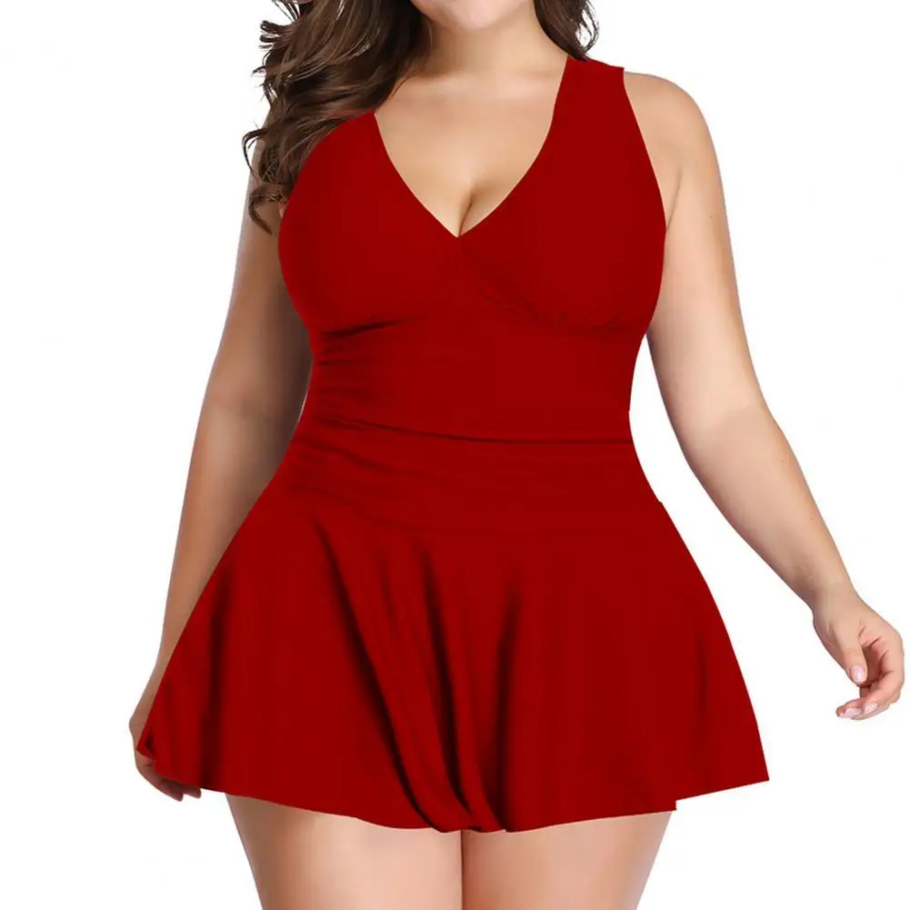 

2 Pcs/Set Plus Size Women Swimsuit Solid Color Bathing Suit Loose Swimming Dress for Female Beach Swimwear