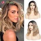X-TRESS синтетические кружевные передние парики Омбре коричневый блонд натуральные волнистые волосы парик 12 дюймов боковая часть короткие боб парики для черных женщин