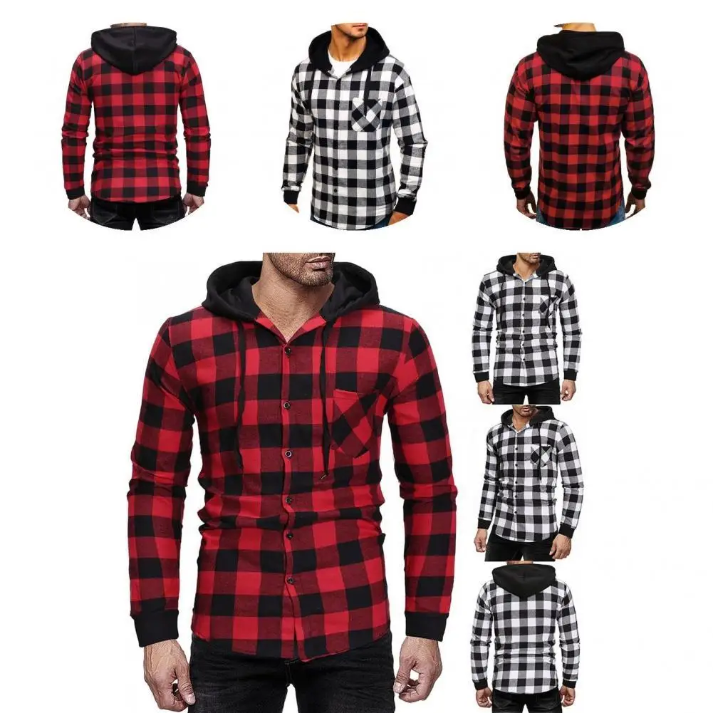 

Pocket Design Comfortable Printed Plaid Pattern Men Hooded Top for Work