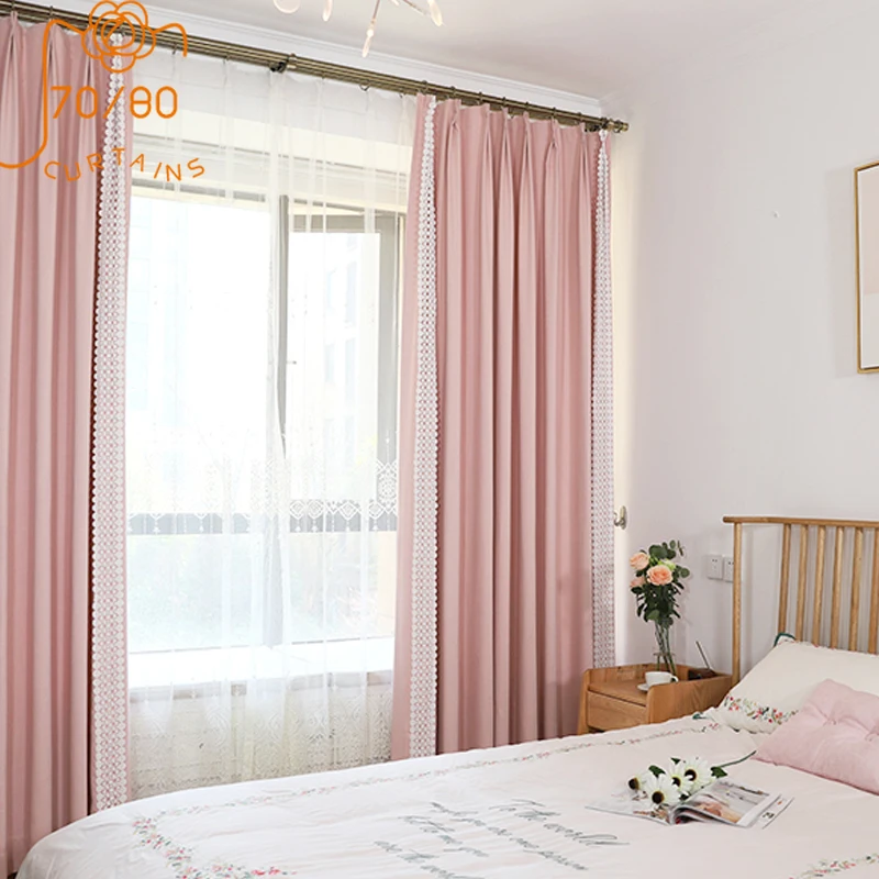 Pink Girl Room Cotton and Linen Bilateral Lace Stitching Curtains for Living Room Bedroom Dining Room Finished Product