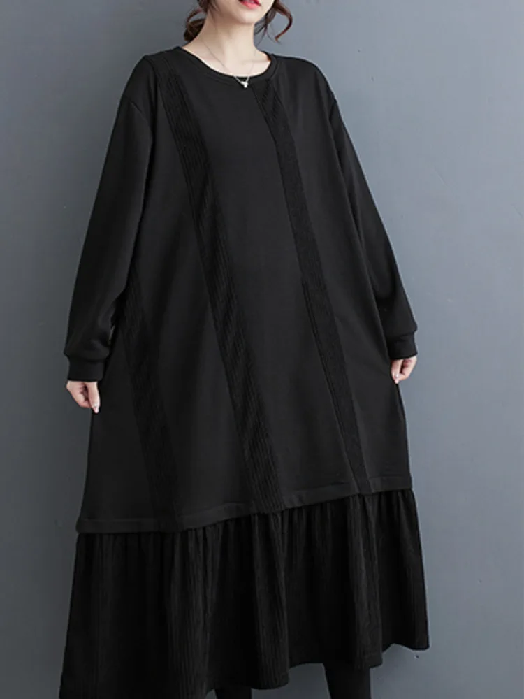 # 3720 осенне-зимнее черное платье-свитшот женское вельветовое платье