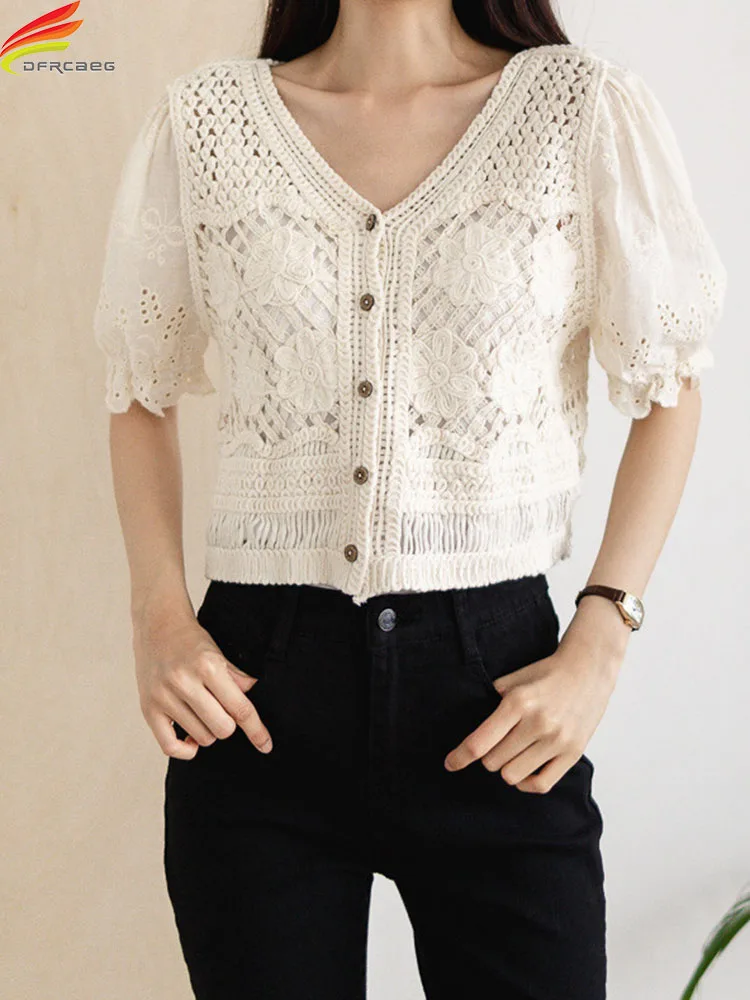 

DFRCAEG Women Basic Coat 2022 Summer Style Perspective Shawl Korean Fashion Lace Boleros Short Sleeve V Neck Jackets Female Tops