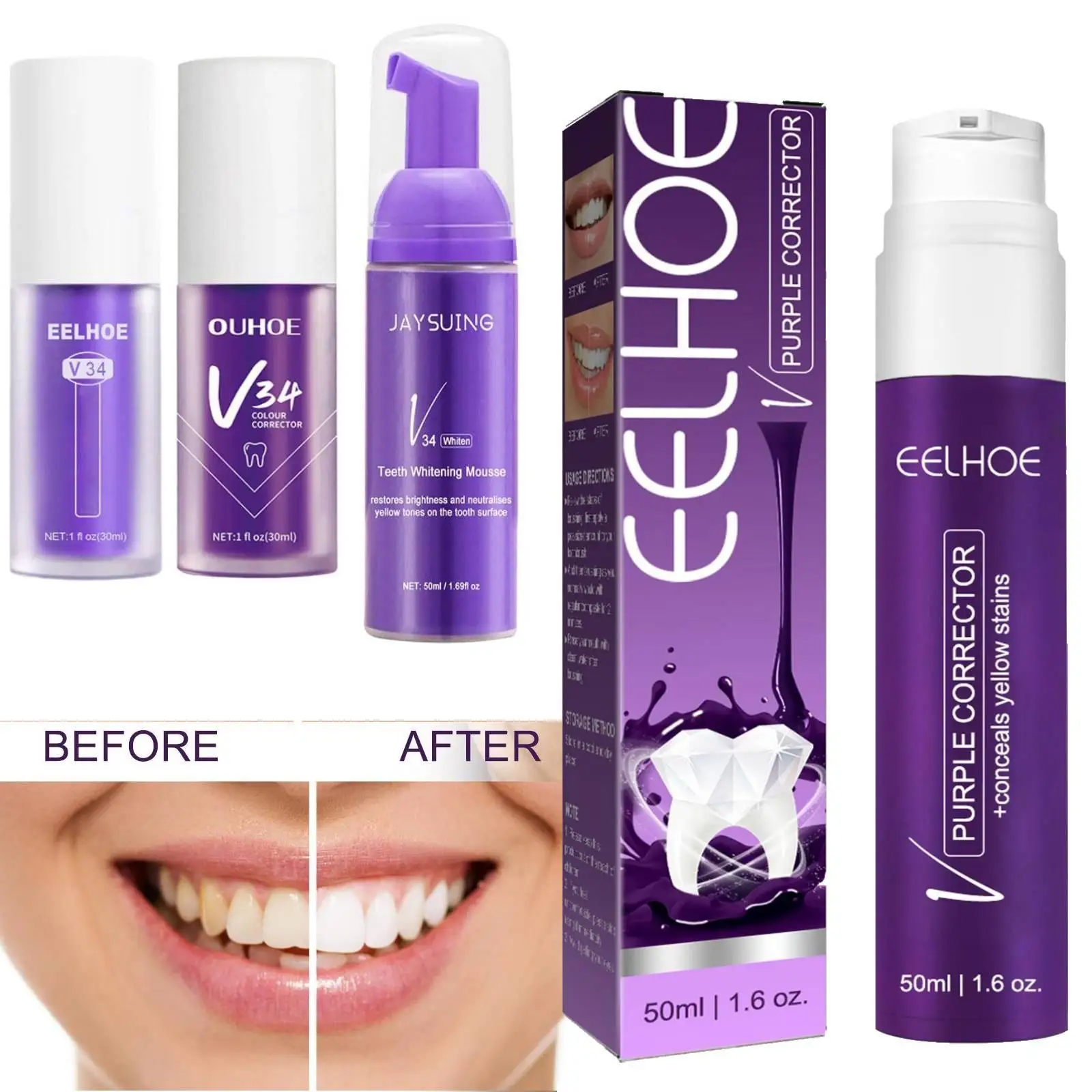 

New Purple Whitening Toothpaste Mousse V34 Color Tooth Correction Whitener Teeth Removes Stains Oral Hygiene Cleaning For Adult