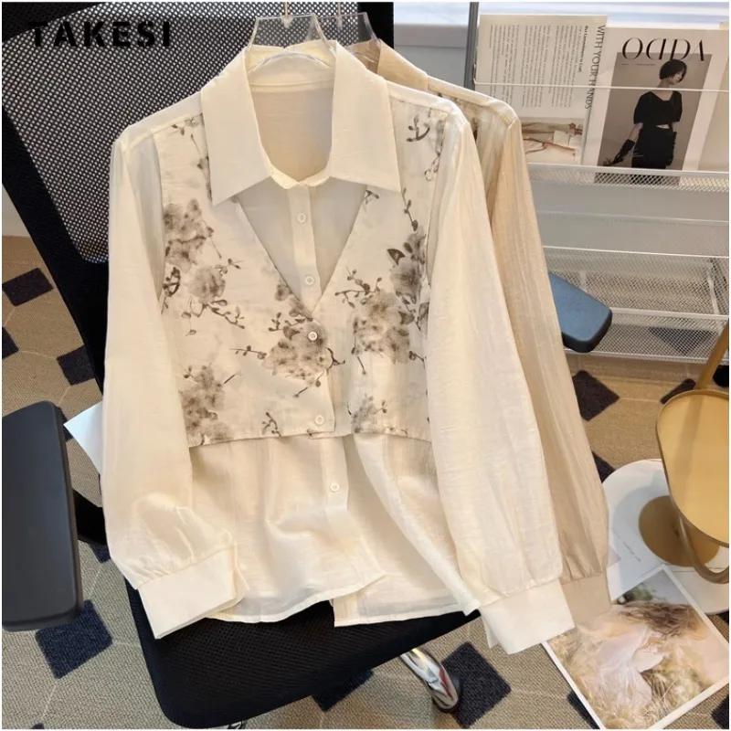 

Chinese Style Elegant Fake Two Piece Floral Print Retro Luxury Blouses 2023 Autumn Women Vintage Long Sleeve Chiffon Thin Shirts