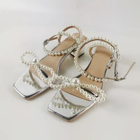 sweet pearl sandals summer bow knot women shoes new square toe silver party sandalia mujer buckle strap comfort chunky zapatos