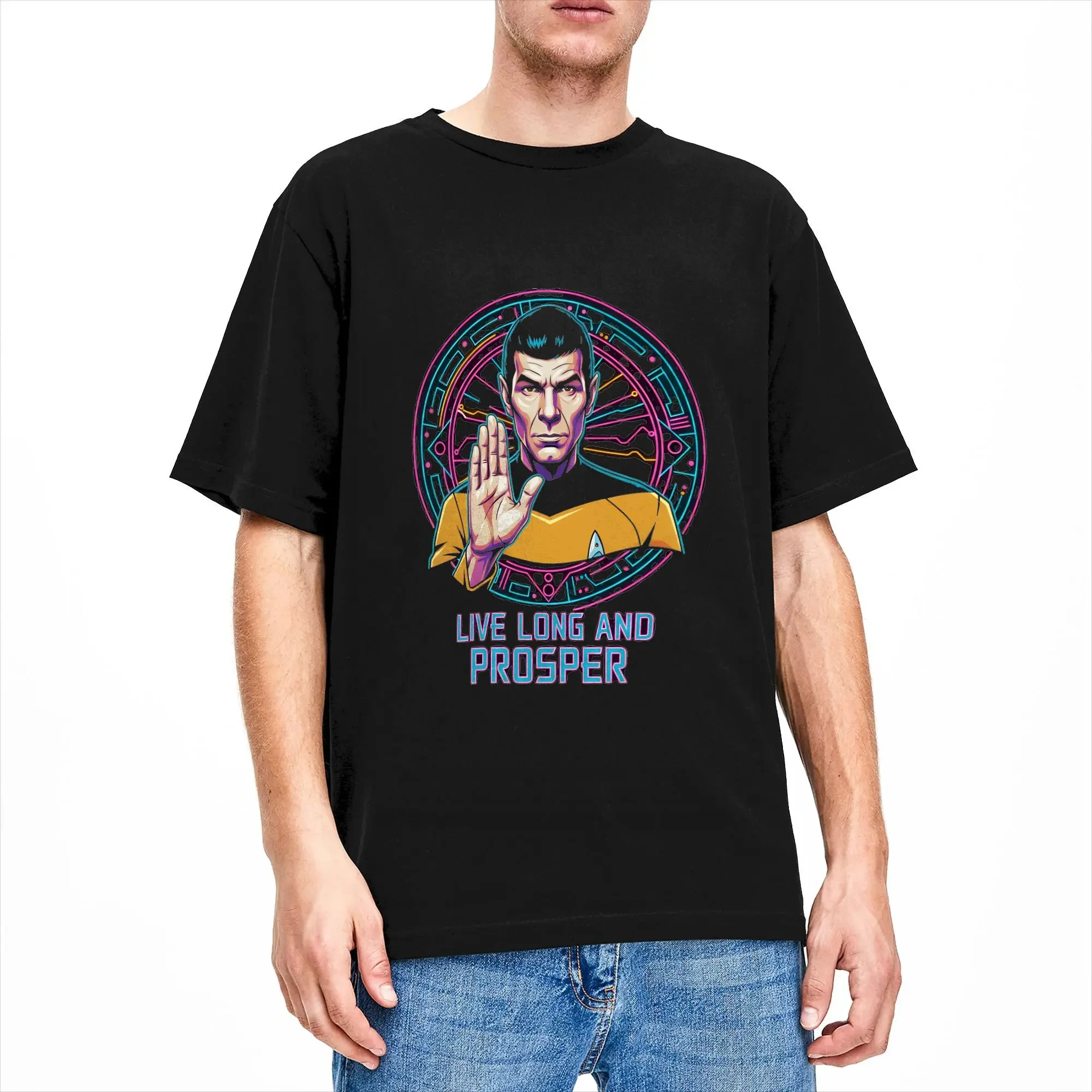 Фото Забавные неоновые футболки Spock Prosperity Stars Treks для мужчин, хлопковая футболка с круглым вырезом, футболки с короткими рукавами, одежда с принтом №1