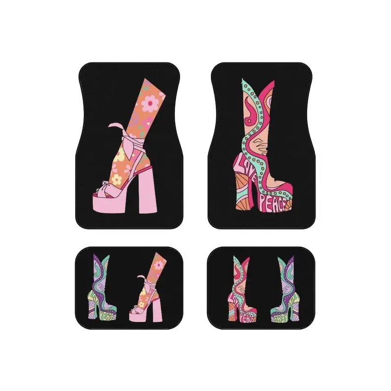 

Groovy Hippie Auto Accessories Car Floor Mats (Set of 4), Cute Custom Retro 60s 70s Aesthetics, Colorful Disco Boots, Interior C