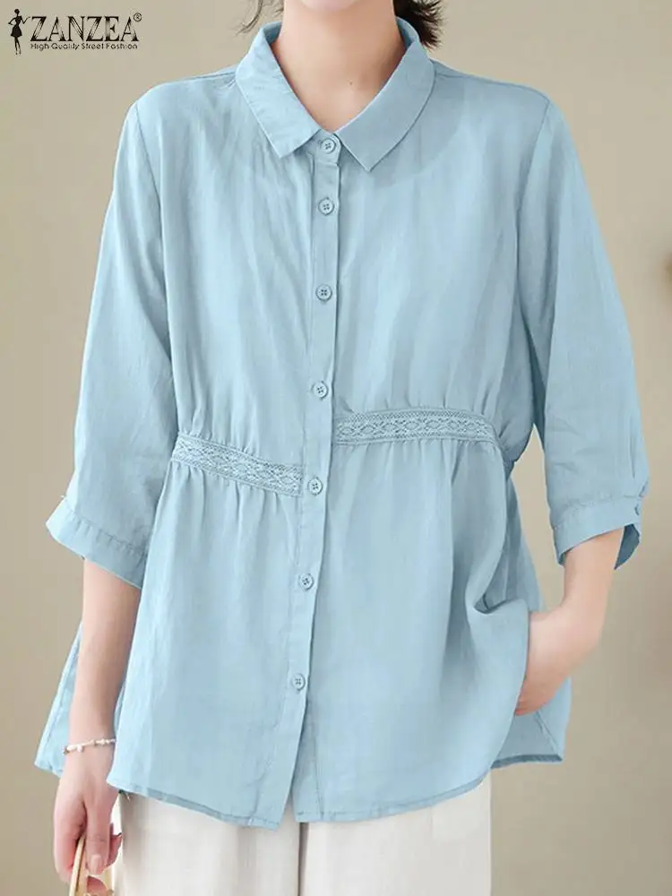 

ZANZEA Women Shirt Loose Half Sleeve Blusas 2023 Summer Casual FemaleLapel Neck Lace Panels Tops Office Korean Tunic Oversize