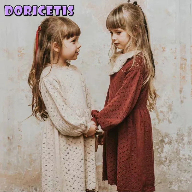 

Детское однотонное платье с милым рисунком, вязаное кружевное платье с длинным рукавом и юбкой для маленьких девочек, новое весеннее платье...