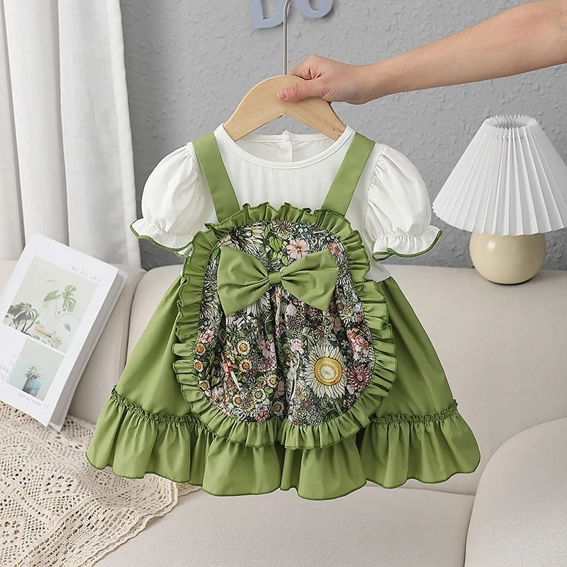 

Summer New Girls Lolita Skirt Girls Baby Puff Sleeves Green Dress Girls Sweet Petit Skirt 6-36M Princess Dress Girls Clothes