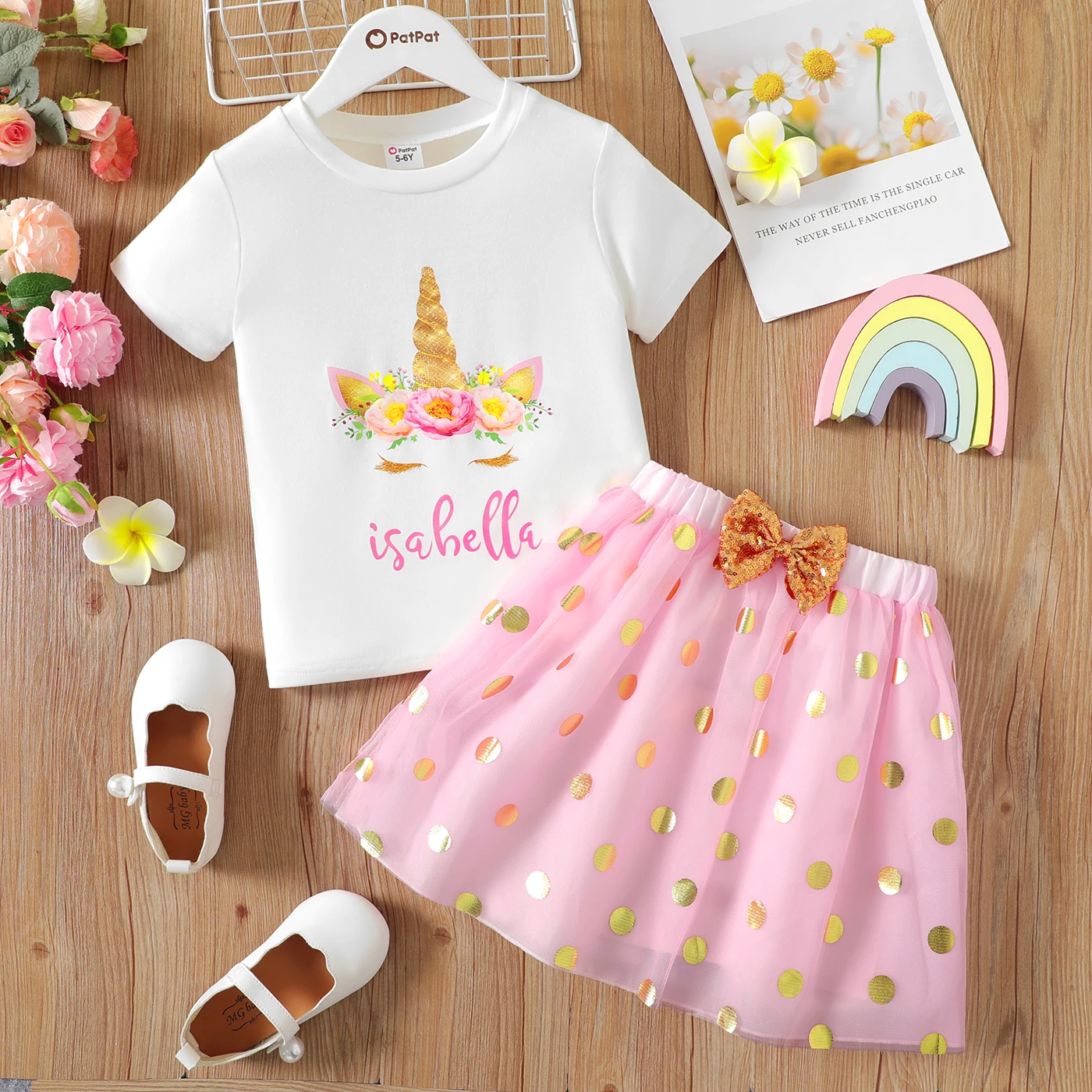

PatPat 2Pcs Kid Girl Fashion Short-sleeve Tee and Sequin Bow Decor Polka Dots Mesh Overlay Skirt Set
