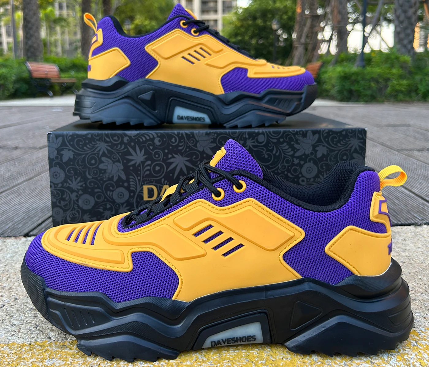 

DAVESHOES Mens Wide Shoes for Walking Mamba 24 Luxury Sneakers with Latex Insoles Yellow and Black Platform Shoes Hiptop Running