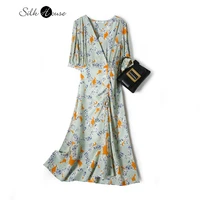 silk printed crepe de chine dress for women 2022 summer mulberry silk v neck short sleeve drawstring floral dress new style