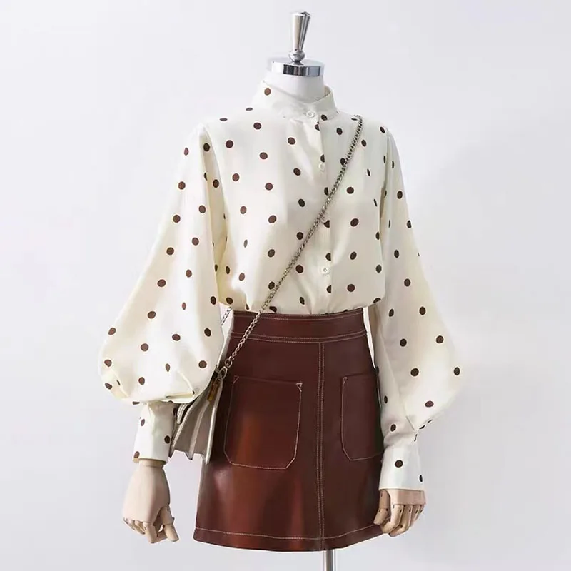 

Shirt Women's Spring And Autumn New Korean Version Stand Collar Lantern Sleeve Polka Dot Chiffon Blouse Apricot Loose Top