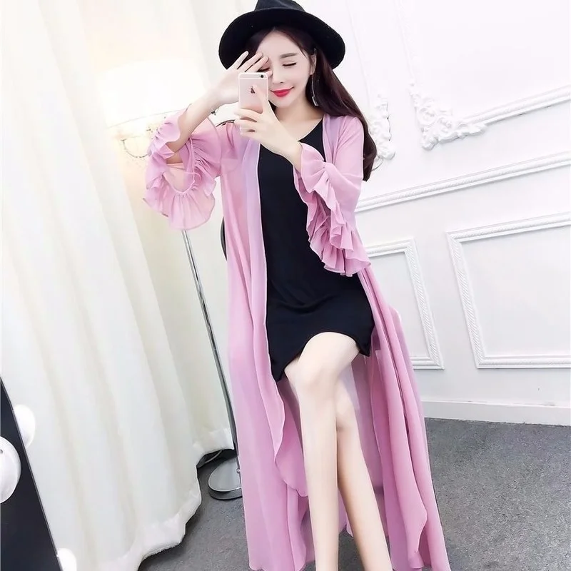 

Women's Coat Flared Sleeve Chiffon Cardigan 4XL Summer Women Long Sleeve Top Sun Protection Clothing Thin Shawl Coat Female E103
