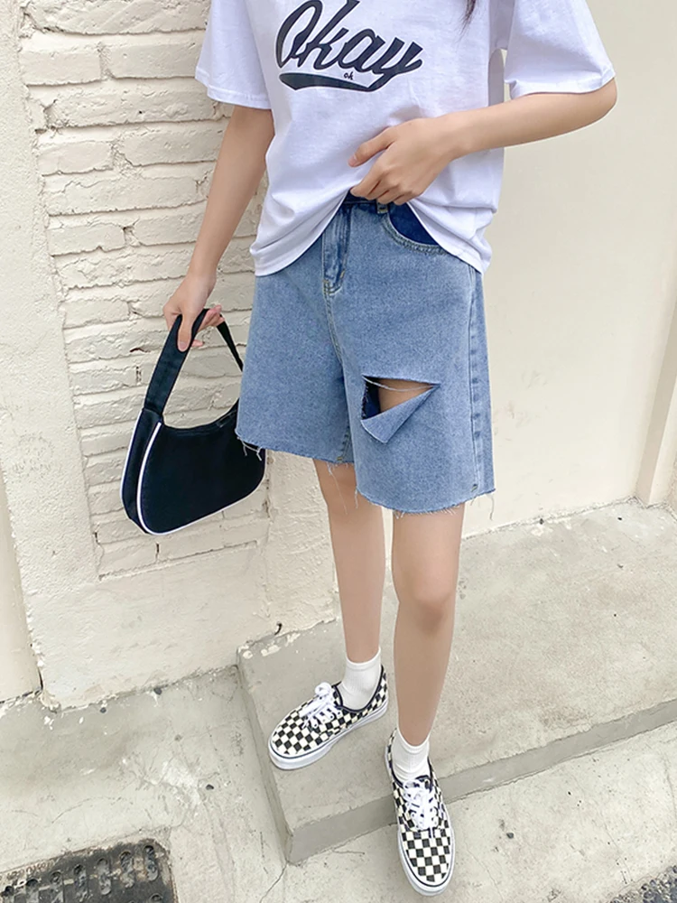 New Spring Summer Women Hole Wide Leg Blue Denim Shorts Casual Female Loose High Waist Jeans Shorts Ladies Bottoms