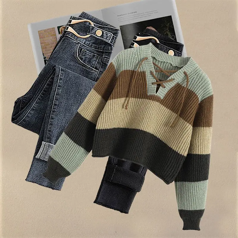 Весенне-осенний шикарный полосатый бандажный короткий свитер пуловер джинсовые