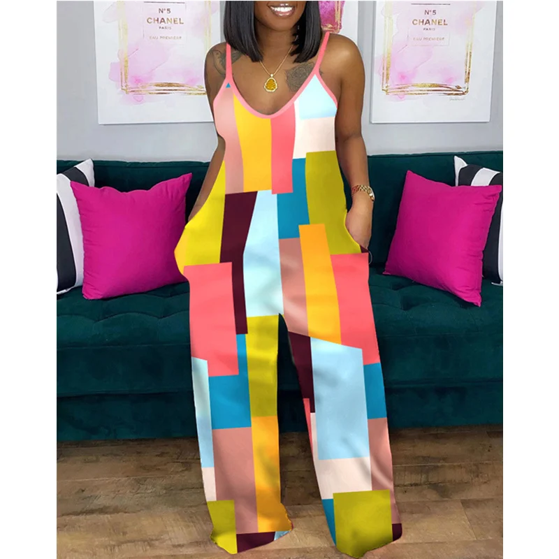 

Women Elegant Fashion Summer Print Loose Jumpsuit Overalls Women Casual Strap Sleeveless V Neck High Waist Pocket Onepieces
