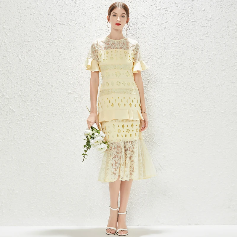 

SuperAen 2022 Summer New Fashion Women's O Neck A Line Casual Hollow Out Lace Fishtail Hip Dresses