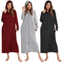 autumn womens zipper front robe coat with pockets modal bathrobe hooded solid long sleeve night wear sleepwear women gown 2021