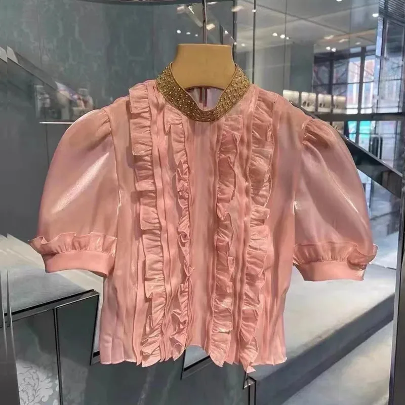 Vintage Sweet Puff Sleeve Organza Blouse For Women New Summer Stand Collar Diamond Fashion Short Shirt Female Top s202