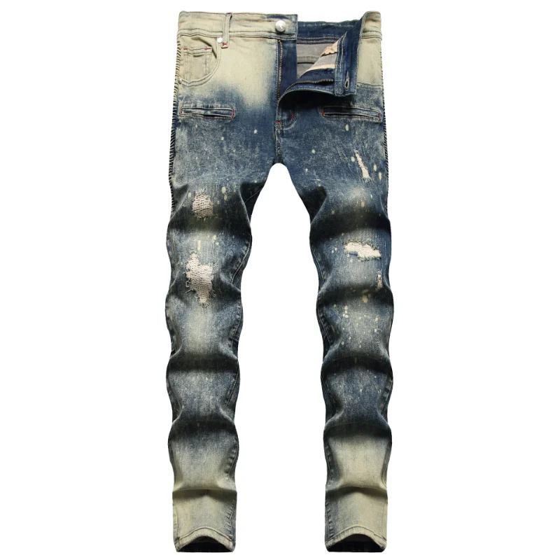 

2022 New Mens Slim Jeans Men Stretch High Quality Vintage Painting Distressed Denim Cotton Pants Ruched Designer Jeans for Men