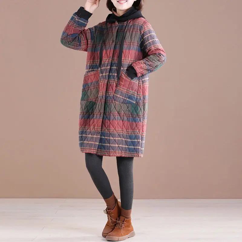 Winter Women Vintage Parkas Plaid Button Cotton Coats Hooded Pockets 2021 New Warm Female Clothes Korean Style Parkas Coats 2XL