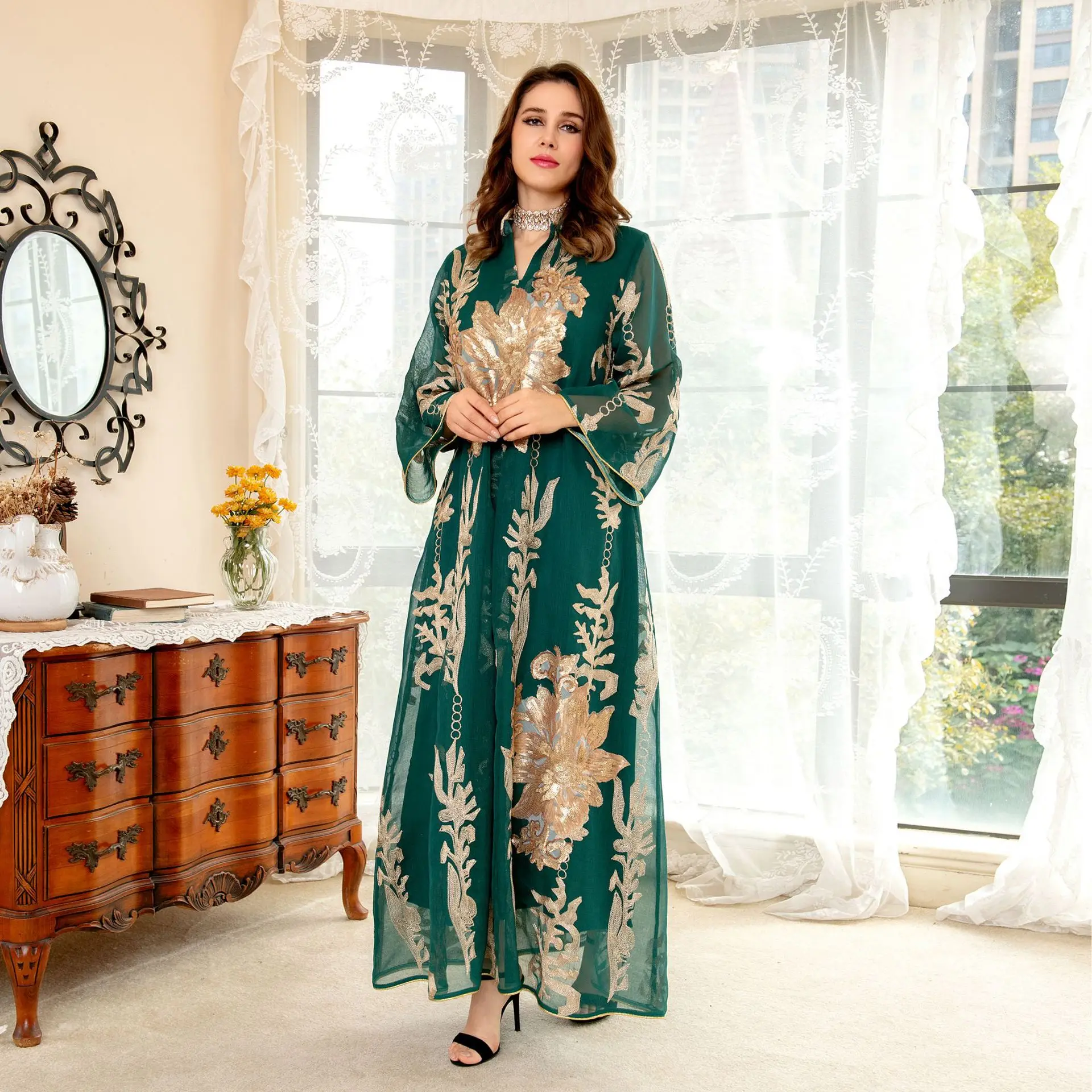 Eid Mubarak, зеленая яркая Abaya, женское длинное платье в арабском и мусульманском стиле, кафтан Jalabiya, длинное женское платье