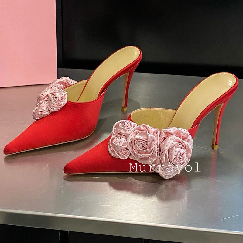 Новые атласные тапочки на тонком высоком каблуке с острым носком женские