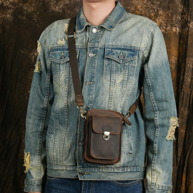 

Crazy Men's Bum Belt Hip Genuine Men Packs Vintage Shoulder Waist Bag Travel Horse Phone Bag Leather Male Fanny Leather Pouch
