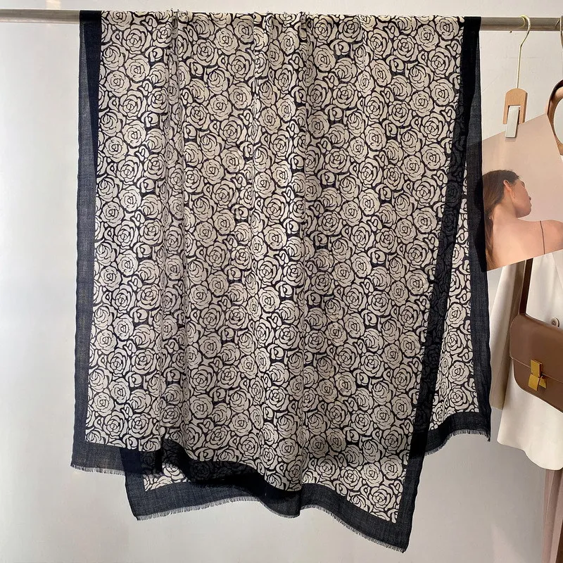 

Высококачественная элегантная женская Изысканная Водорастворимая шерстяная шаль ручной работы с французским принтом камелии универсальная длинная шаль с бахромой
