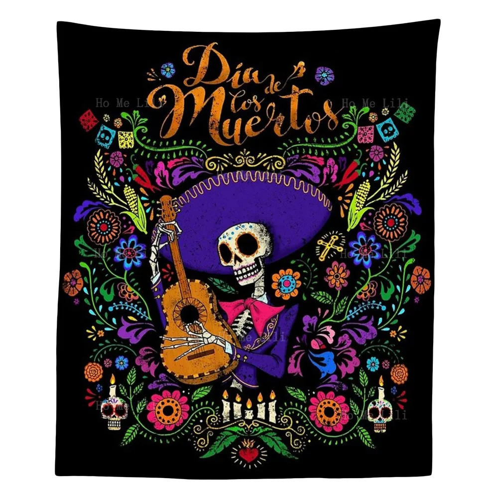 

Traditional Mexican Festival Of The Dead Skull Rose And Guitar Art Skeleton Tapestry By Ho Me Lili For Livingroom Decor