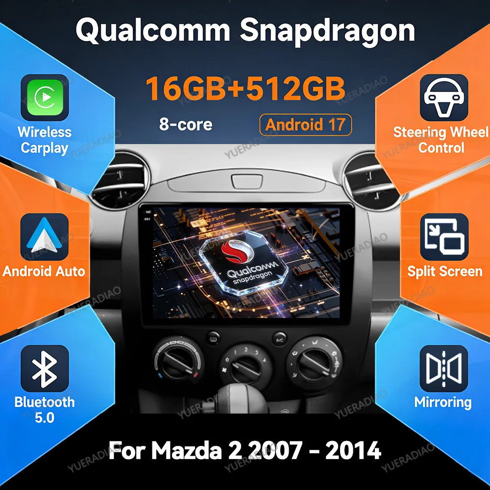 Фото Автомагнитола Android 17 для MAZDA 2 (2007-2014) с Carplay, FM, SWC, BT, 2K QLED №1