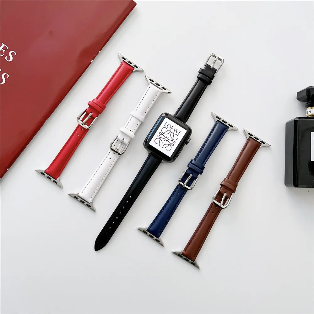 

Leather Watchbands For Apple Watch Bands All Series SE 7654321 Slim Strap For iWatch 41/45mm 40/44mm 38/42mm For Girl's Children