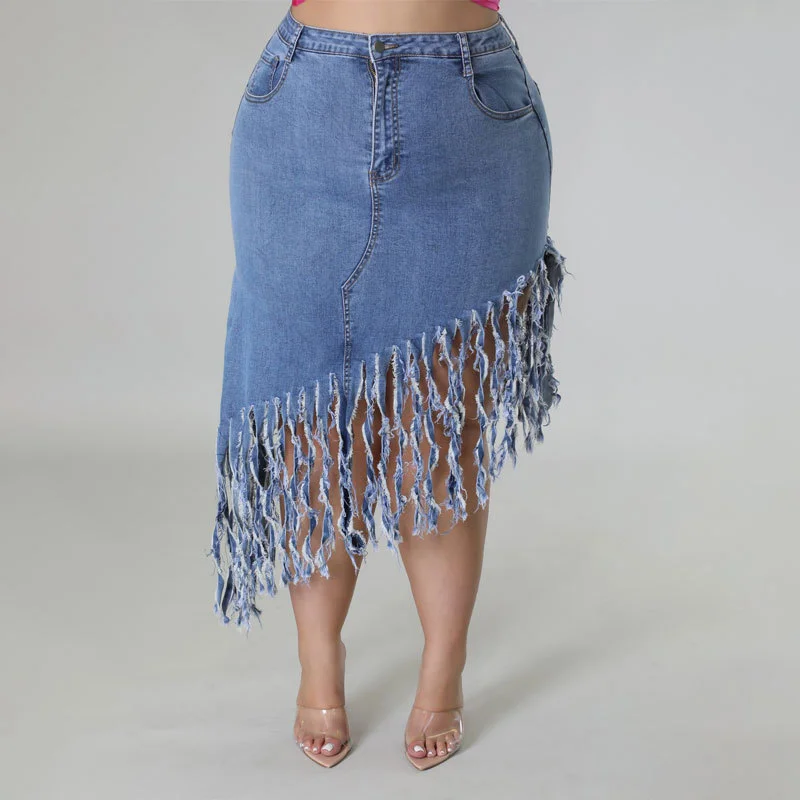 

KEXU Women Jeans Summer Ripped Tassel Zipper High Waist Slim Maxi Long Skirt 2023 Plus Size Streetwear Female Fringe Denim Skirt