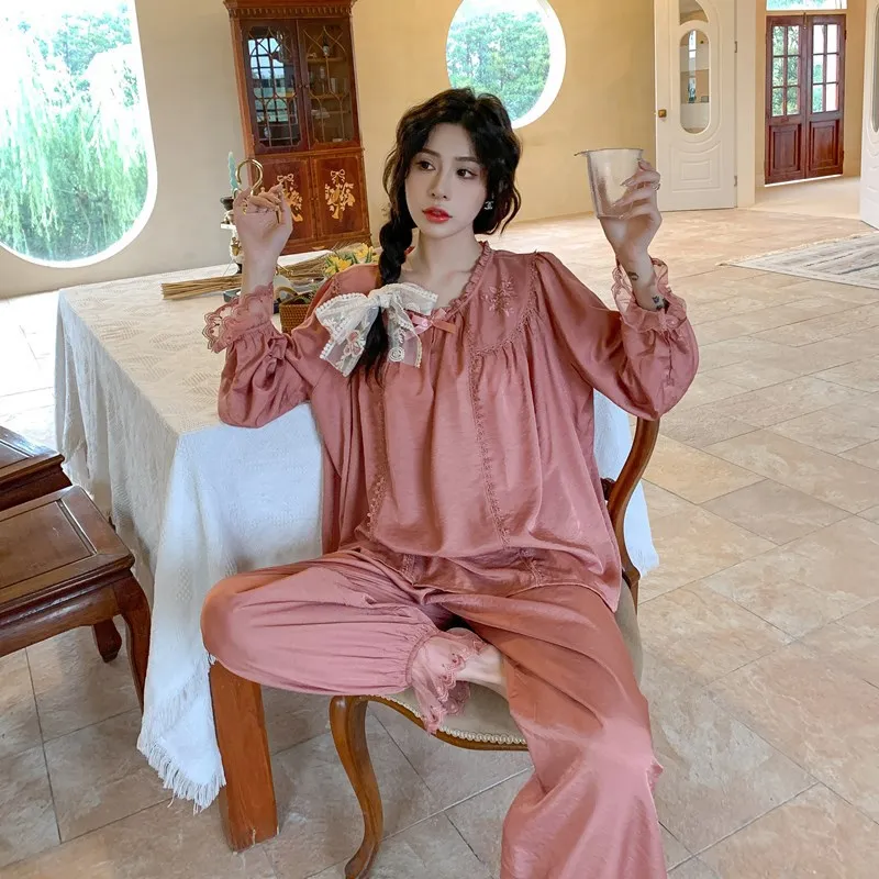 New women's pajamas ice silk simple bow long-sleeved trousers two-piece set  женское бельё  pijamas women