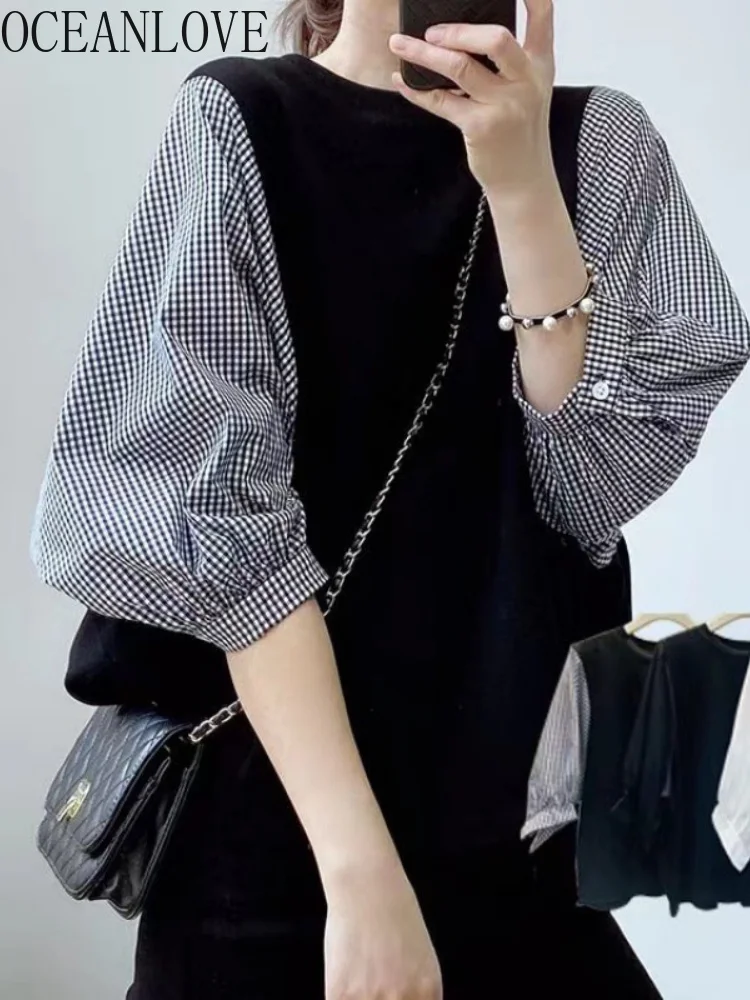 

Spring Summer Blusas Mujer Plaid 2 Pcs Japan Style Women Blouses Lantern Sleeve Loose Casual Shirts Tops