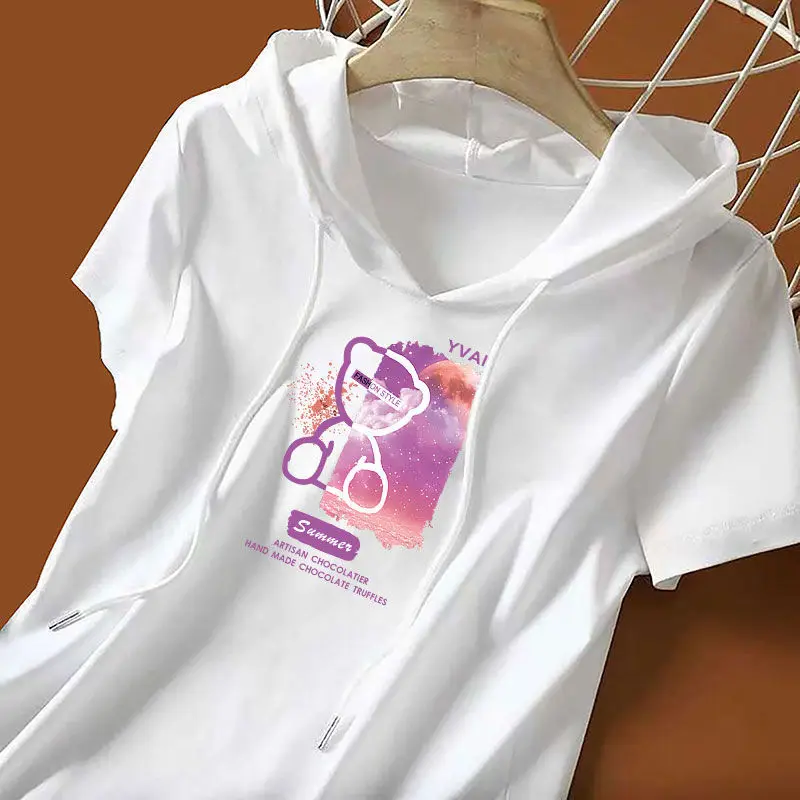 

Summer Hooded Short Sleeved T-shirt Women's Casual Sweater Loose Large Size Slim Age Reduction Trend with Korean Women's Blouse