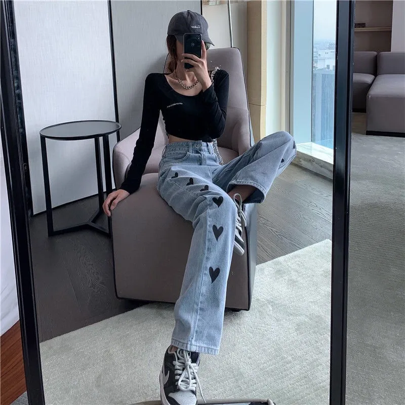 Women Fashion Harajuku Straight Pants 2021 High Waist Heart Print Jeans Wide Leg Denim Trousers Blue Streetwear Vintage Quality