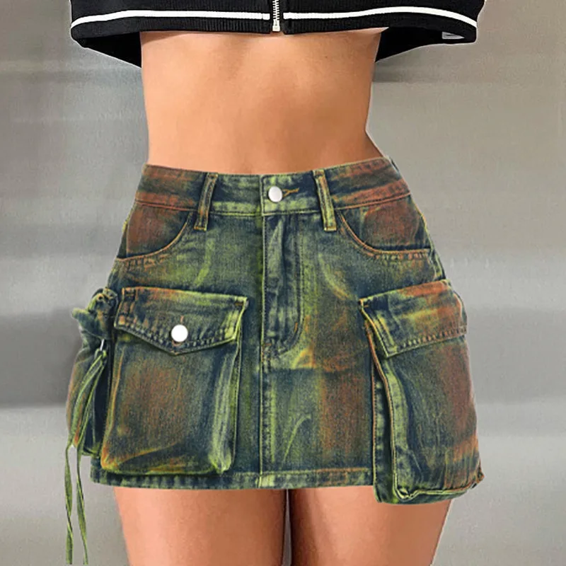 

Vintage Tie Dye Print Cargo Mini Denim Skirts Women Casual Fashion Mid Waist Button Fly Multi Pocket Jeans Bottom Y2K Streetwear