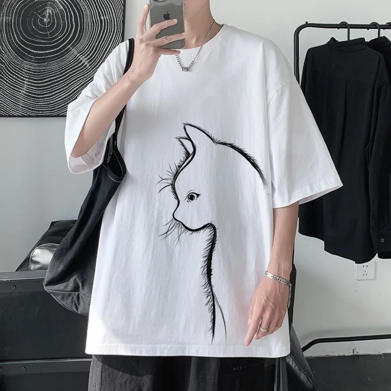 

Summer Sport Cartoon Cat Print T-shirt Men Oversized Tees High Street Unisex Top T shirt Loose Cotton T-shirt Men Daily Clothing