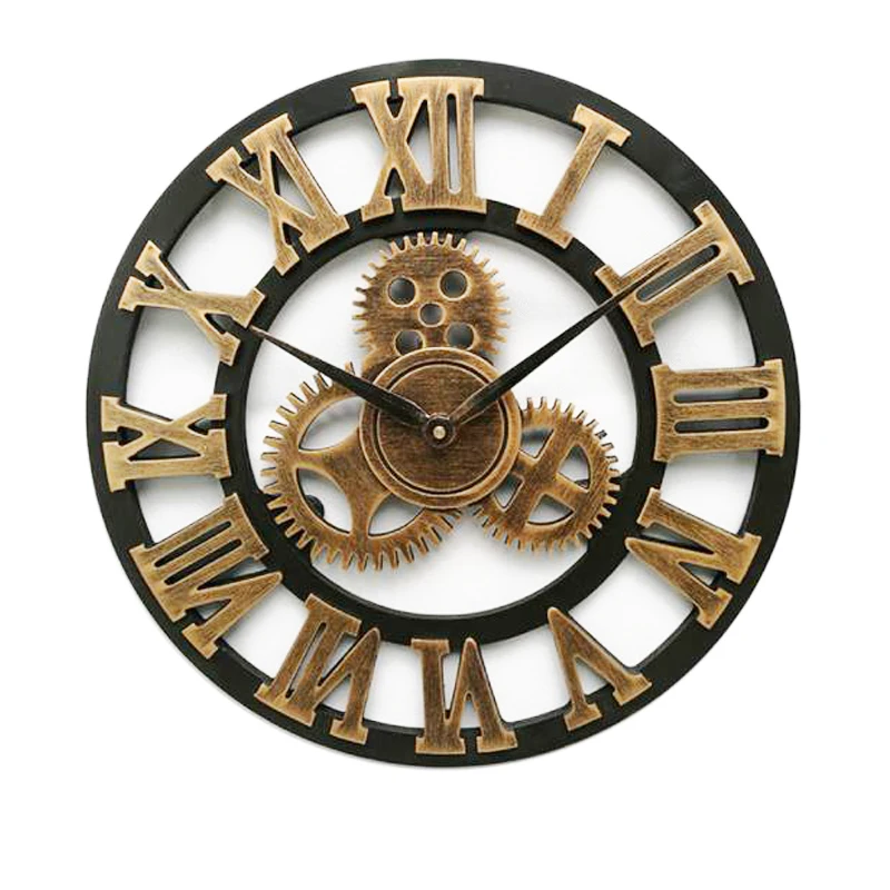 American Retro Wall Clock 80cm Roman Numerals Iron Gear Clock Wood 3D Clock Living Room Home Decoration Accessories Wall Watch